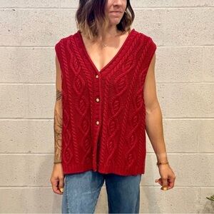 Eddie Bauer Red Cable Knit Button Front Vest
